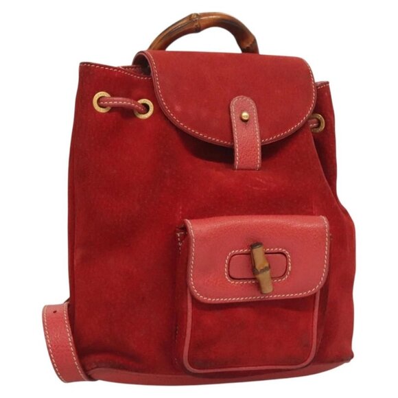 GUCCI Bamboo Backpack Suede Leather Red Gold 003 1956 0030 Auth 129916 - Picture 1 of 16